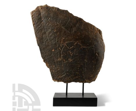 Neolithic Period, 3rd-2nd millennium B.C. or later. Dressed stone panel with incised image of a horned animal in profile; mou
