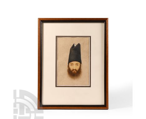 19th century A.D. Framed and glazed, displaying a portrait of a male figure, possibly Amin Kakin, against a plain background,