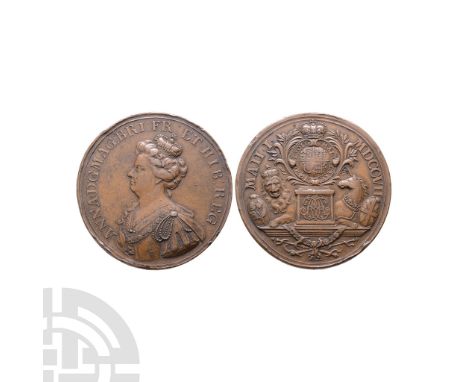 Dated 1st May, 1707 A.D. Obv: bust of Anne with ANNA D G MAG BRI FR ET HIB REG legend. Rev: arms in garter on pedestal with M