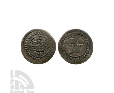 Circa 1643 A.D. Obv: crowned initials C R within thin inner circle and beaded border. Rev: value in Roman numerals within thi