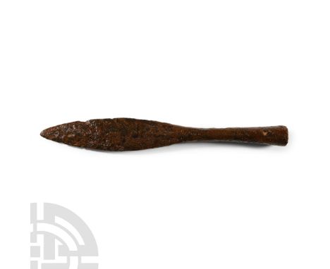 5th-6th century A.D. Lentoid-section broad leaf-shaped blade with thick neck and split socket; Swanton's Group D1. Cf. Swanto