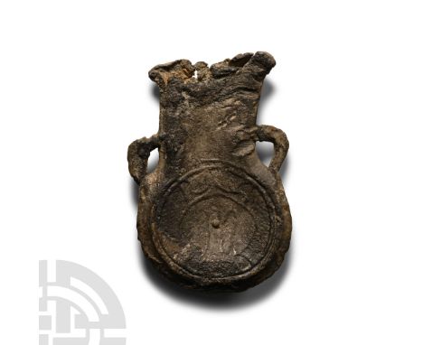 14th-15th century A.D. With flared mouth and two lateral handles, bulb with IHS' on a hatched fiel to obverse, 'W' within a r