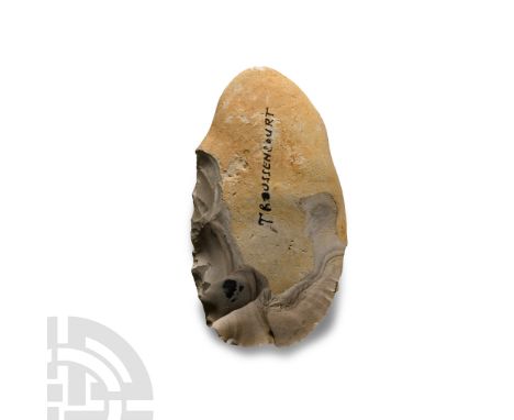 Neolithic Period, 3000-2000 B.C. With rounded butt, cortex largely present; marked 'Troussencourt'.  127 grams, 95 mm (3 3/4 