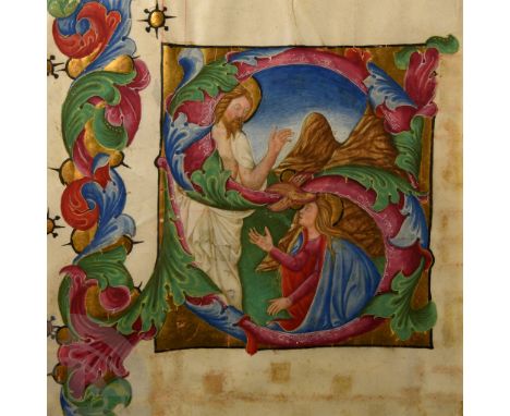 Tuscany, Italy, circa 1450 A.D. Vellum manuscript page with hand-coloured large initial 'S' in a square frame and miniature p
