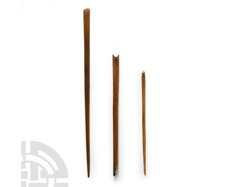Circa 1st century A.D. Including a dress pin and two probes, one with a pierced end for suspension.  10.2 grams total, 9.6-15