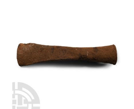 1st century A.D. or later. Hand-forged woodworking tool with substantial split socket, flat blade with scooped cutting edge. 
