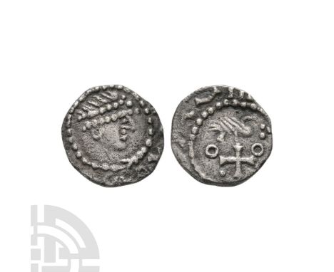 680-710 A.D. Obv: profile bust right with double ring of pellets (in place of blundered legend). Rev: flying bird with three 