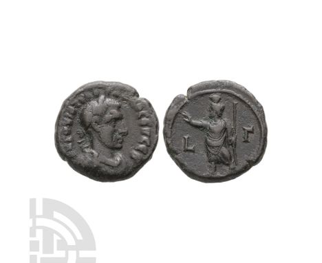 252-253 A.D. Egypt, Alexandria, year 3. Obv: laureate, draped and cuirassed bust right. Rev: Serapis standing left, holding s