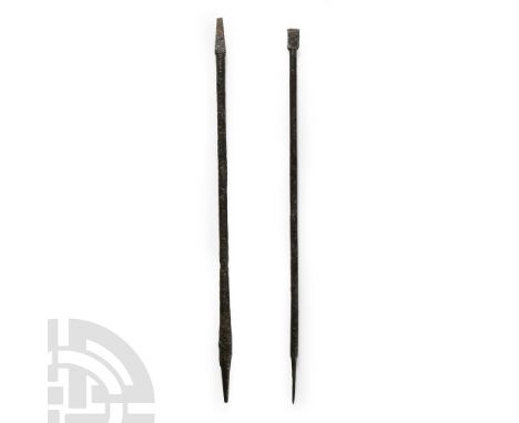 Circa 1st century A.D. Each with one pointed and one chiselled finial.  17.4 grams total, 14.5 - 14.8 cm (5 3/4 - 5 7/8 in.).