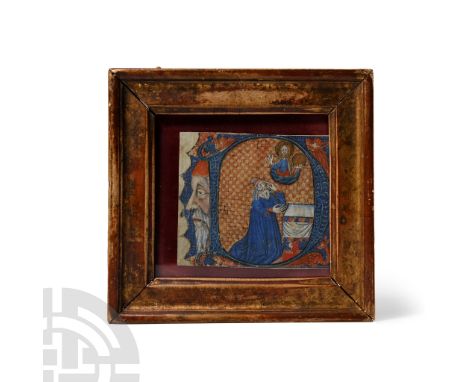 15th century A.D. Rectangular vellum panel, hand-coloured initial 'D' from a manuscript page; to the left edge, a bearded mal