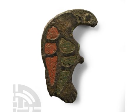 Circa 2nd century A.D. Aviform plate with enamel-filled cells to body and wing, remains of catch and pin-lug to reverse. Cf. 