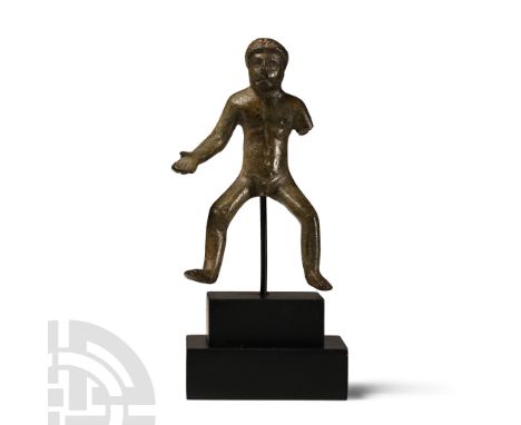 1st century B.C.-1st century A.D. Modelled in the round as a nude horseman with legs spread, musculature suggested to the che