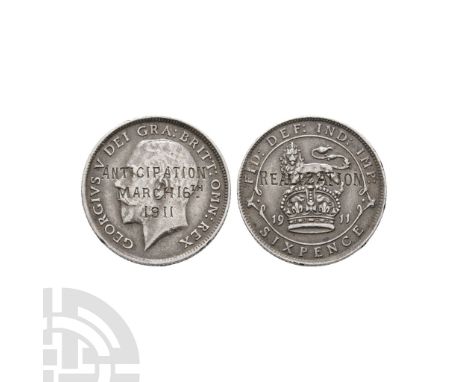 Dated 1911 A.D. Second coinage. Obv: engraved with 'ANTICIPATION / MARCH 16TH / 1911' over profile bust with GEORGIVS V DEI G