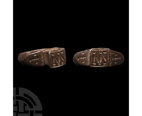 Circa 15th-16th century A.D. With D-section hoop, chamfered shoulders each with incised cross moline motif, square bezel with