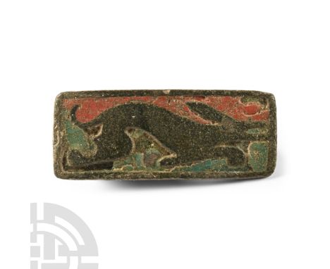 Circa 2nd century A.D. Rectangular plate with reserved running hound in a two-cell panel, spring and catch to reverse; comple