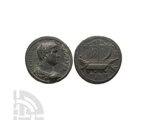 19th century A.D. Cast copy of a Paduan sestertius. Obv: HADRIANVS AVGVSTVS, bust right. Rev: galley under sail right.  29.55