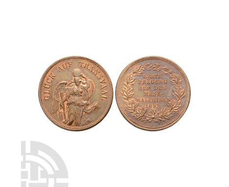 Dated 1892 A.D. Struck in Berlin by L Osterman from dies prepared by Otto Schultz and was Issued for the opening of the 'ZAR 