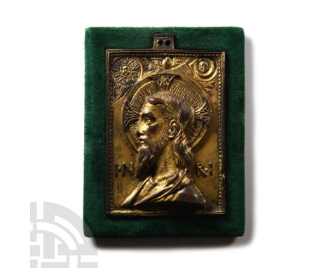 Italy, circa 1500 A.D. With raised rim, nimbate bust of Christ in profile with long beard and shoulder-length hair, folded co