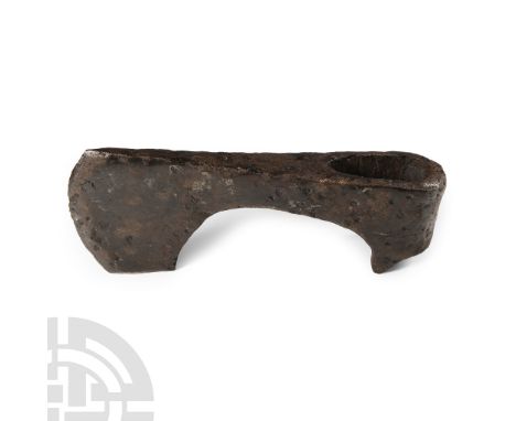 9th-11th century A.D. With triangular-section narrow blade widening to a broad bevelled edge with square chin, socket with la