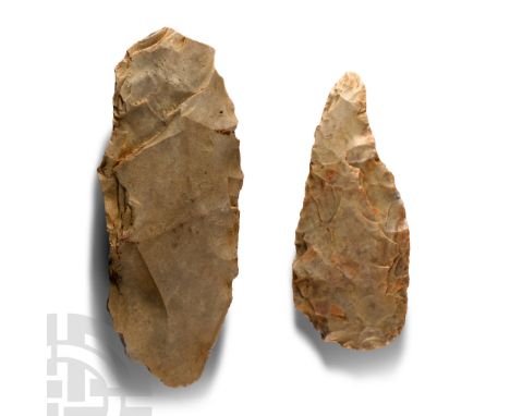 Mesolithic-Neolithic Period, circa 10,000-4000 B.P. Comprising: teardrop-shaped burin with polished faces; triangular-section