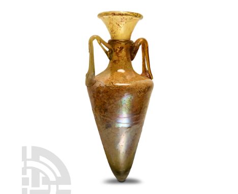 1st-4th century A.D. With broad rounded shoulder tapering to a conical foot, cylindrical neck and everted mouth with rolled r