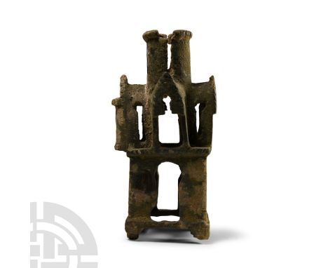 10th-12th century B.C. Openwork finial formed as a miniature church comprising a square base with four stub feet, sidewalls e