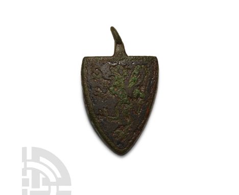 13th century A.D. Shield-shaped, azure with a lion rampant argent, the arms of Roger de Montalt.  13.6 grams, 45 mm (1 3/4 in