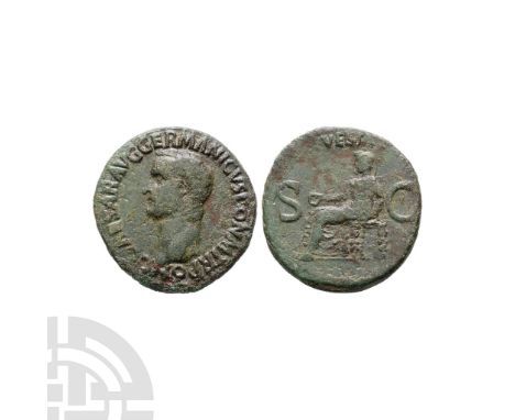 37-38 A.D. Gaius Caligula. Obv: C CAESAR AVG GERMANICVS PON M TR POT, bare head left. Rev: VESTA above, S C across field, Ves