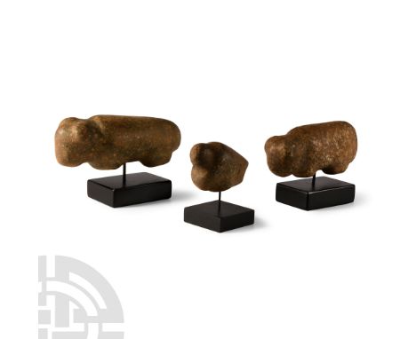 Neolithic Period, circa 6th-4th millennium B.C. or later. Each with stub limbs and rounded profile; each mounted on a custom-