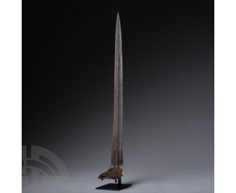 1500-1100 B.C. Leaf-shaped blade with flared shoulder and two attachment rivets; moulded midrib flaring to two shallow channe