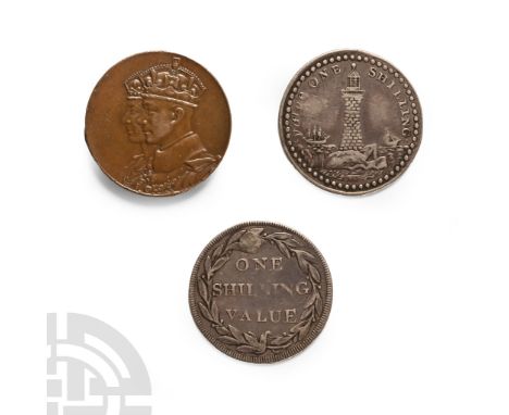 19th-20th century A.D. Comprising: Devonshire silver one shilling token with shield and three towers, Devon silver shilling t