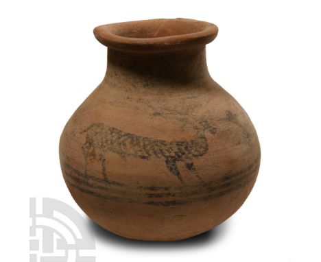 1st millennium B.C. Of bulbous profile with rounded underside and trumpet-shaped mouth, painted zoomorphic frieze to the shou