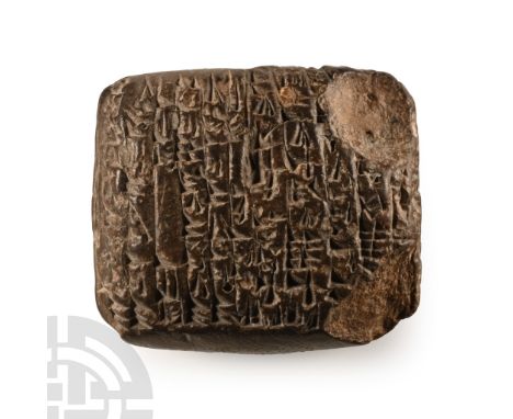 Circa 1200 B.C. Pillow-shaped terracotta tablet with impressed cuneiform text to both broad faces and two edges.  10.4 grams,