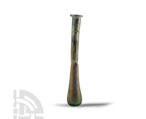 1st-4th century A.D. Tall and slender iridescent vessel with bulb to the base and flared rim. Cf. Whitehouse, D., Roman Glass