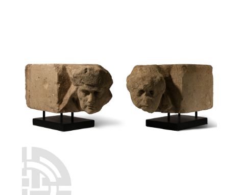 Circa 15th century A.D. Each a rectangular block with carved male head; the figure looking to his right wearing a low chapero