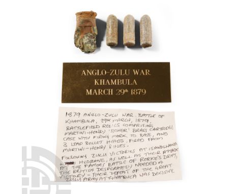 Khambula, 29 March 1879 A.D. Comprising: a Martini-Henry brass cartridge case with firing mark to the base; three lead heads 