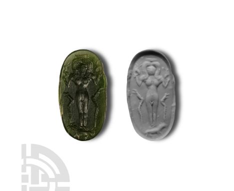 2nd-3rd century A.D. Ellipsoid with intaglio nude female flanked by serpents; supplied with a museum-quality impression.  2.4
