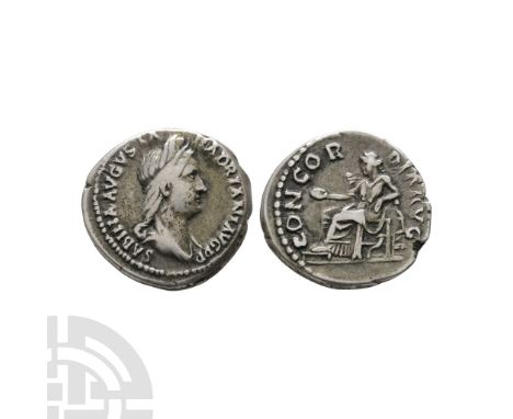 161-180 A.D. Obv: SABINA AVGVSTA HADRIANI AVG P P, draped bust right. Rev: CONCORDIA AVG, Concordia seated left with patera, 