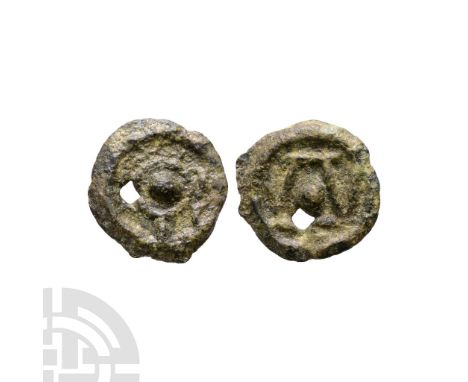 c.80-50 B.C. Obv: crude outline head around large central nipple. Rev: crude outline bull of straight lines around large cent