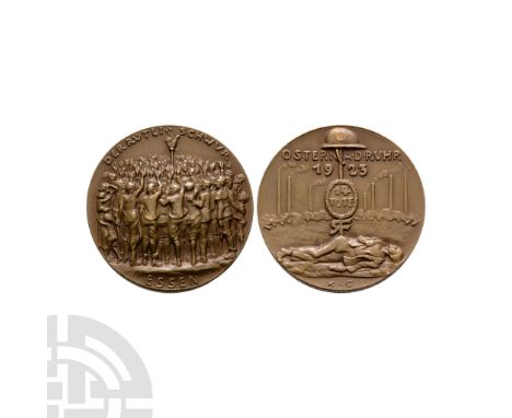 Dated 1923 A.D. World War I, 1918-1933. Obv: Krupp Works factory workers surround a 'swearing hand' elevated above them on a 