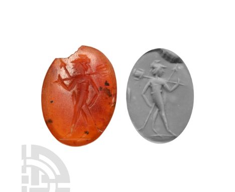2nd-3rd century A.D. The helmetted deity walking left on a ground line, carrying a trophy on his shoulder and holding a spear
