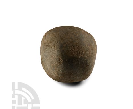 Roman, 1st-3rd century A.D. or later. Roughly spherical stone cobble with impact scar. See Wilkins, A., Roman Imperial Artill