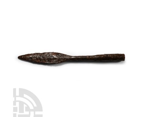5th-7th century A.D. Lentoid-section leaf-shaped blade with slender neck and long closed socket; Swanton's Group D1. Cf. Swan