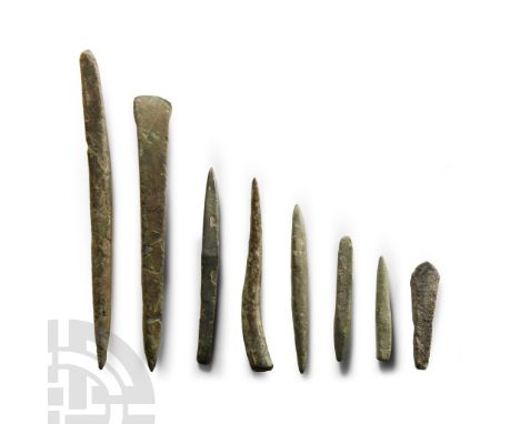 2nd-1st millennium B.C. Including double-ended square-section awls, chisel with curved edge and other items.  46.6 grams tota