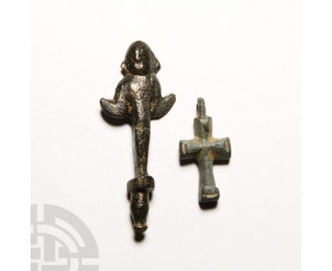 6th century A.D. and later. Comprising: a cruciform pendant with notching to each arm and integral suspension loop; a finial 