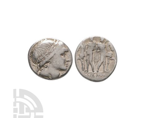 109-108 B.C. Obv: young male head (Apollo?) right, wearing oak-wreath; before, mark of value. Rev: Dioscuri standing facing b