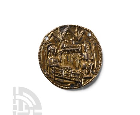 Southern Germany, circa 1300 A.D. Disc with beaded border, repoussé scene with lancet-arch arcade, nimbate Mary in bed with i