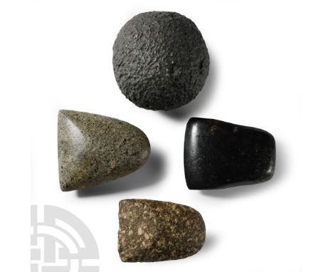Neolithic Period, circa 6th-4th millennium B.C. Comprising two small polished D-shaped axeheads and one with a square butt; s