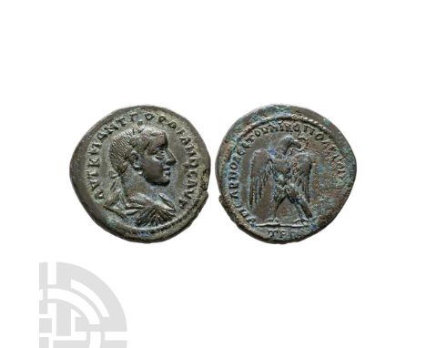 238-244 A.D. Magistrate Modestos. Obv: AYT K M ANT GORDIANOC AYG, laureate, draped and cuirassed bust right. Rev: YP CAB MODE
