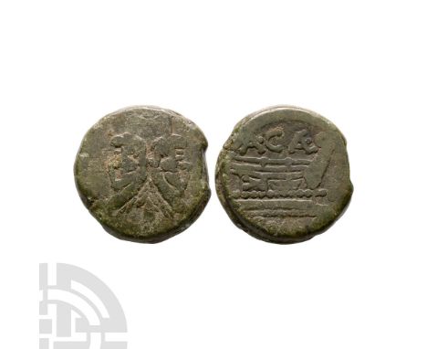 c.169-158 B.C. Obv: laureate head of Janus right, I above. Rev: prow right, A CAE above, I before, ROMA below. Cr174/1, Syd 3